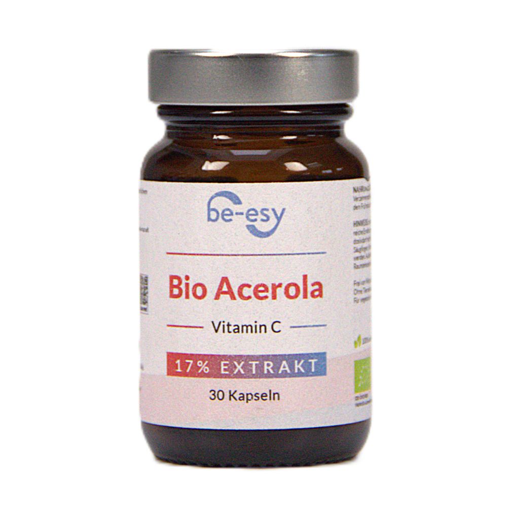 Braune Glasflasche mit silbernem Deckel. Auf dem Etikett steht "be-esy Bio Acerola Vitamin C 17% Extrakt 30 Kapseln".