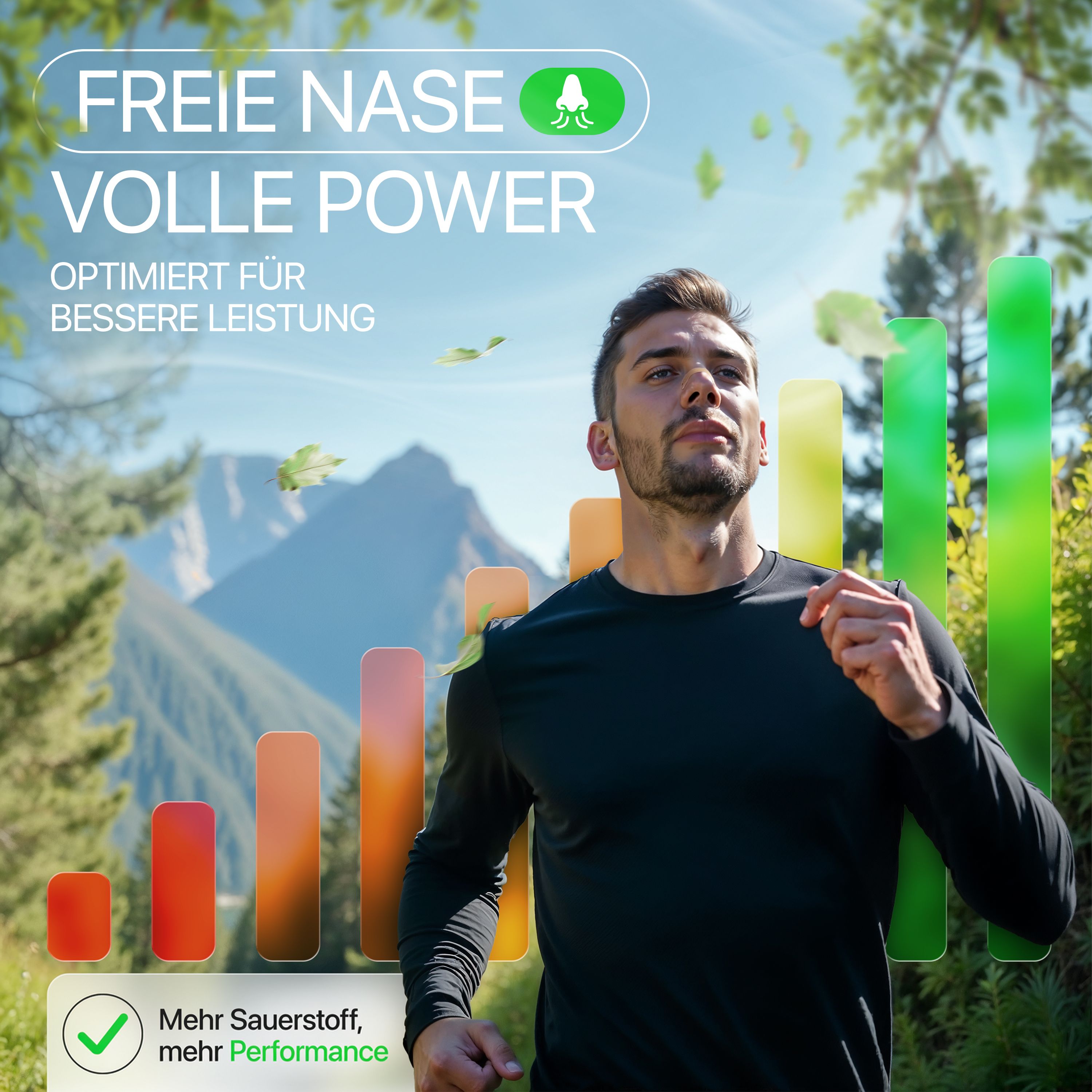 Mann rennt. Text: Freie Nase, volle Power. Optimiert für bessere Leistung. Mehr Sauerstoff, mehr Performance.