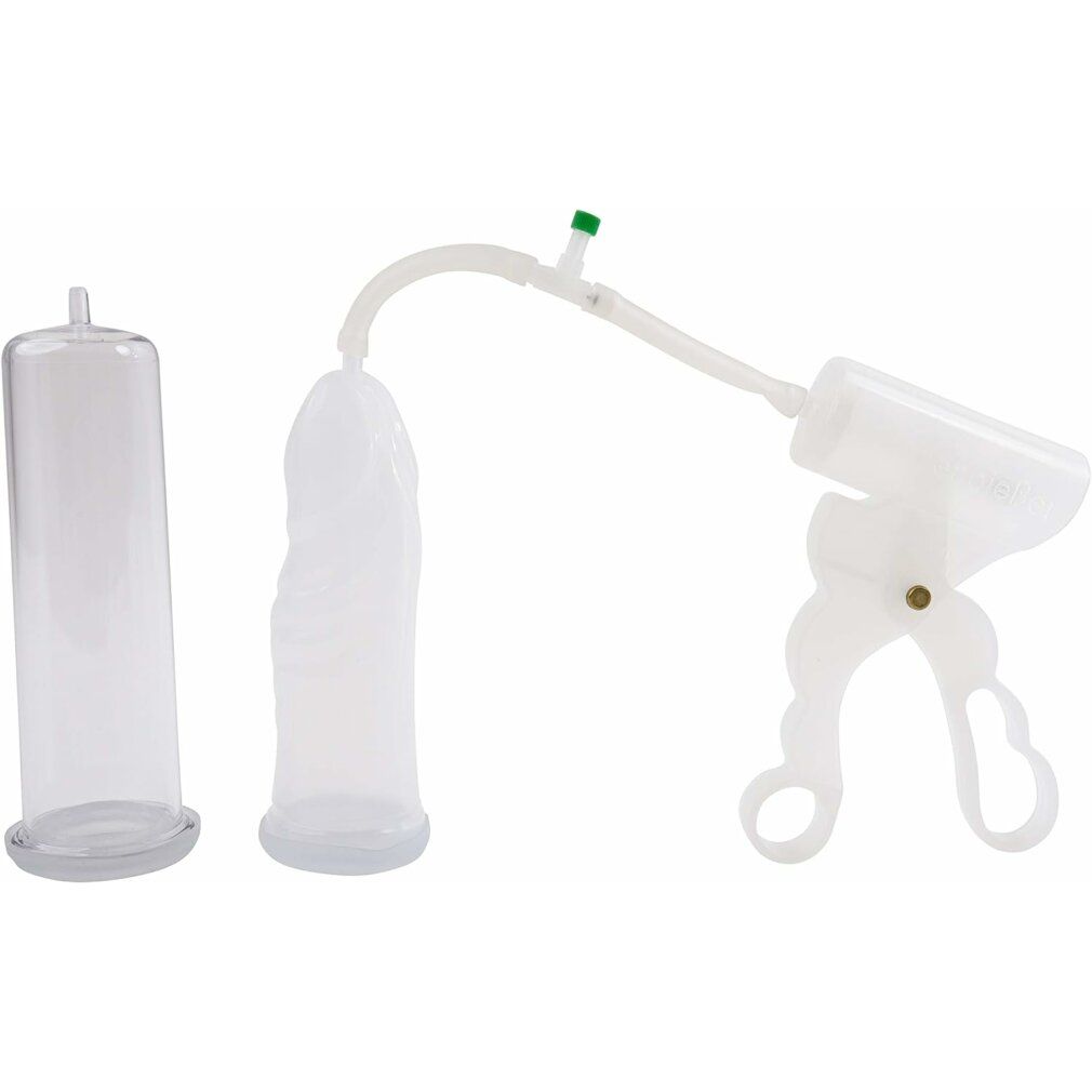Set di pompe per il pene. Enthält transparente Zylinder, einen Griff mit Pumpe und einen Schlauch. Mit grünem Ventil.