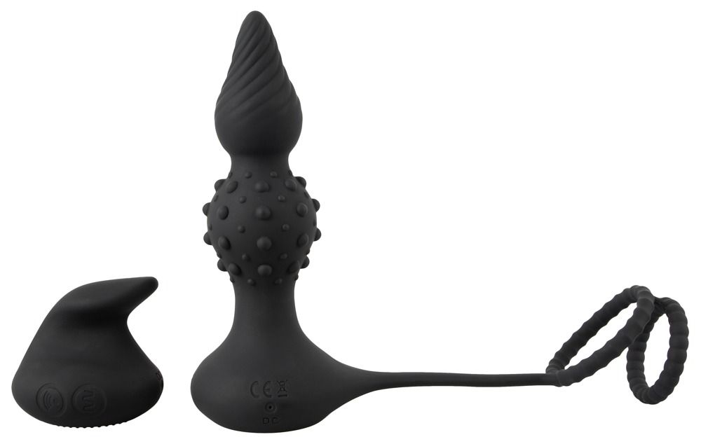 Schwarzer Analvibrator mit Noppen und abnehmbarem Penisring-Aufsatz.
