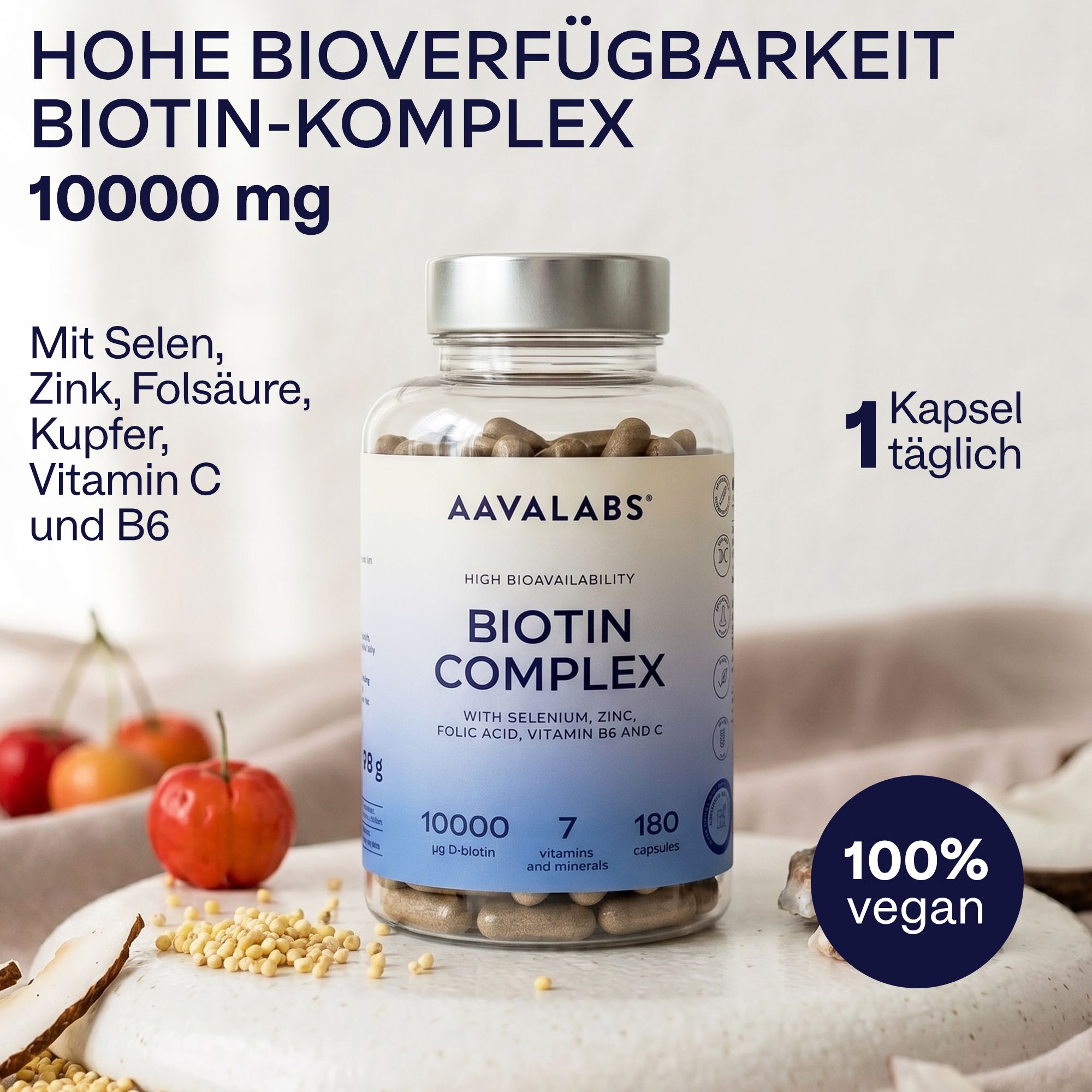 Aavalabs Biotin Komplex Flasche mit Informationen zu 10.000 µg D-Biotin und 180 Kapseln.