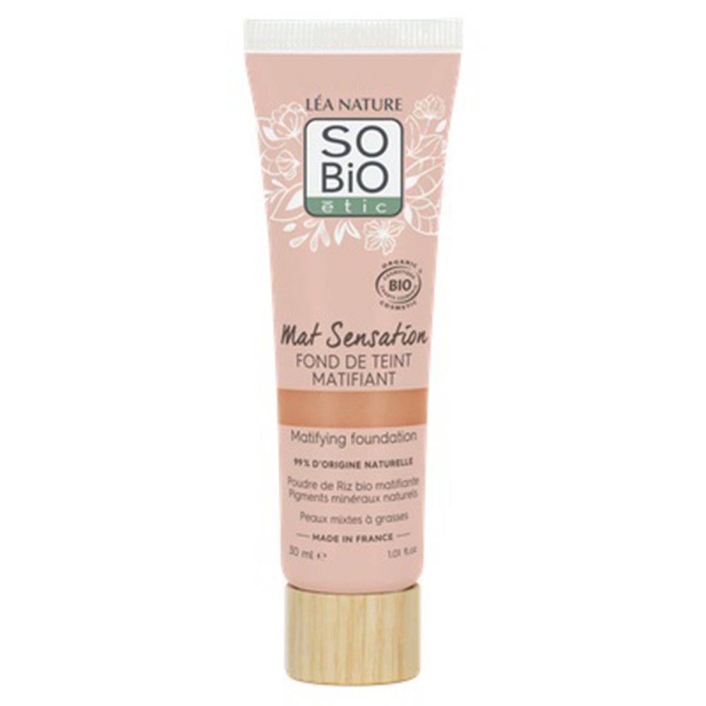 Rosa Tube mit Aufschrift SO'BiO étic, Mat Sensation. Bio-Foundation. Holzfarbener Deckel. 30 ml.
