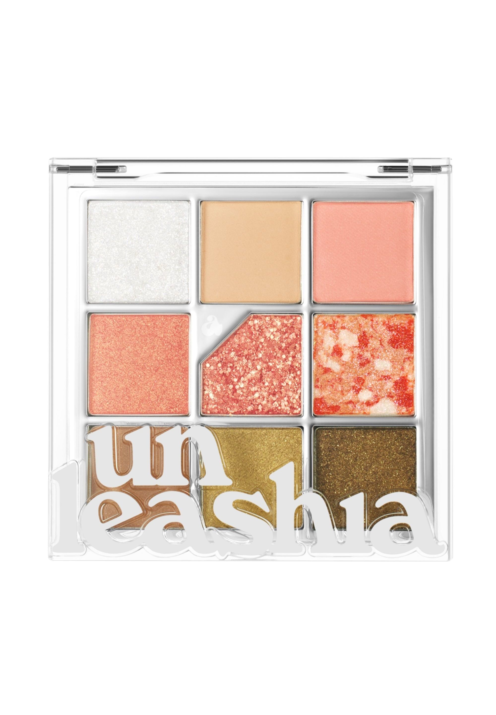 Unleashia Glitterpedia Lidschatten-Palette mit neun Farbtönen in einem transparenten Gehäuse. Das Logo ist sichtbar.