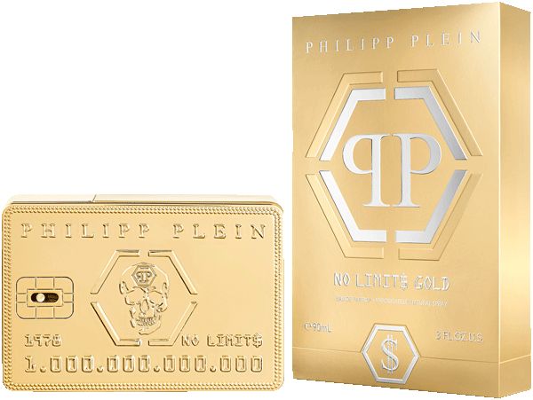 Goldfarbener Flakon und Verpackung. Verpackung mit Logo und Schriftzug. Flakon in Kreditkartenform mit Logo und Schriftzug.