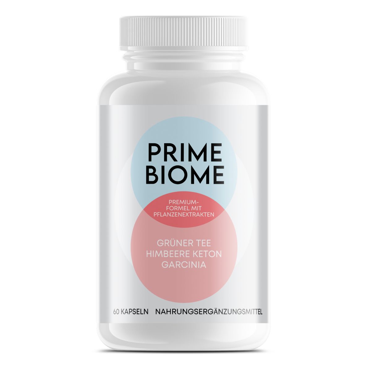 Weiße Flasche mit Prime Biome-Etikett. Enthält Kapseln. Aufschrift: Grüner Tee, Himbeere Keton, Garcinia. 60 Kapseln.
