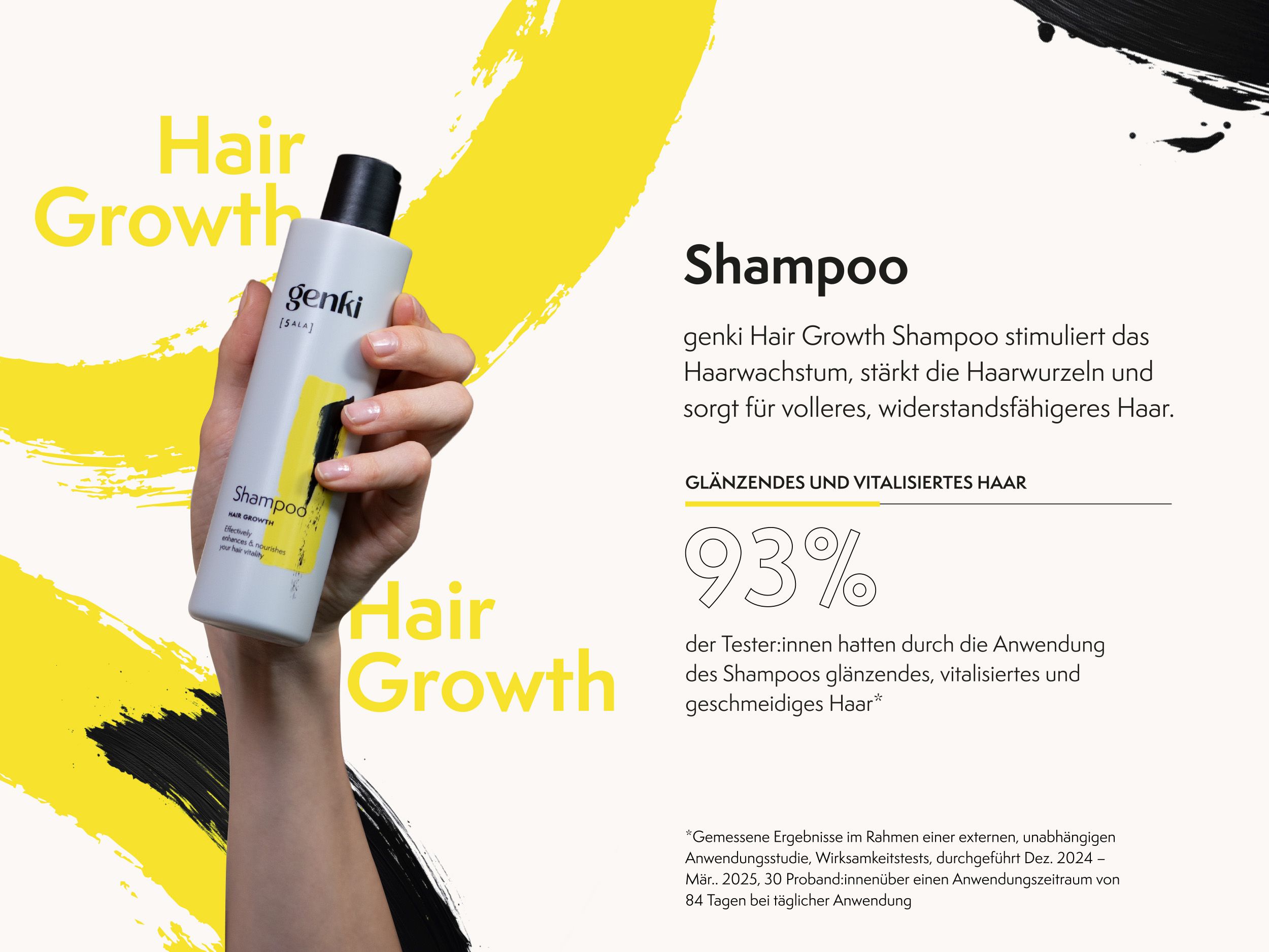 Person hält Genki Shampoo-Flasche. Weiß, schwarzer Deckel, gelbes Design. Schriftzug: Genki, Shampoo, Hair Growth. Text: Glänzendes und vitalisiertes Haar.