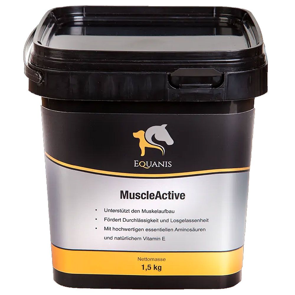 Schwarzer Eimer mit Etikett. Aufschrift: Equanis MuscleActive. 1,5 kg. Goldener und silberner Hintergrund.