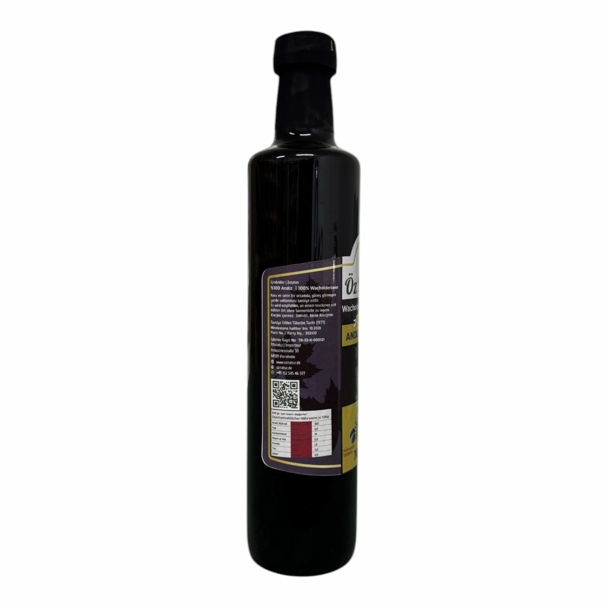 Dunkle Glasflasche mit schwarzem Verschluss. Etikett mit Text, QR-Code und Nährwertangaben.