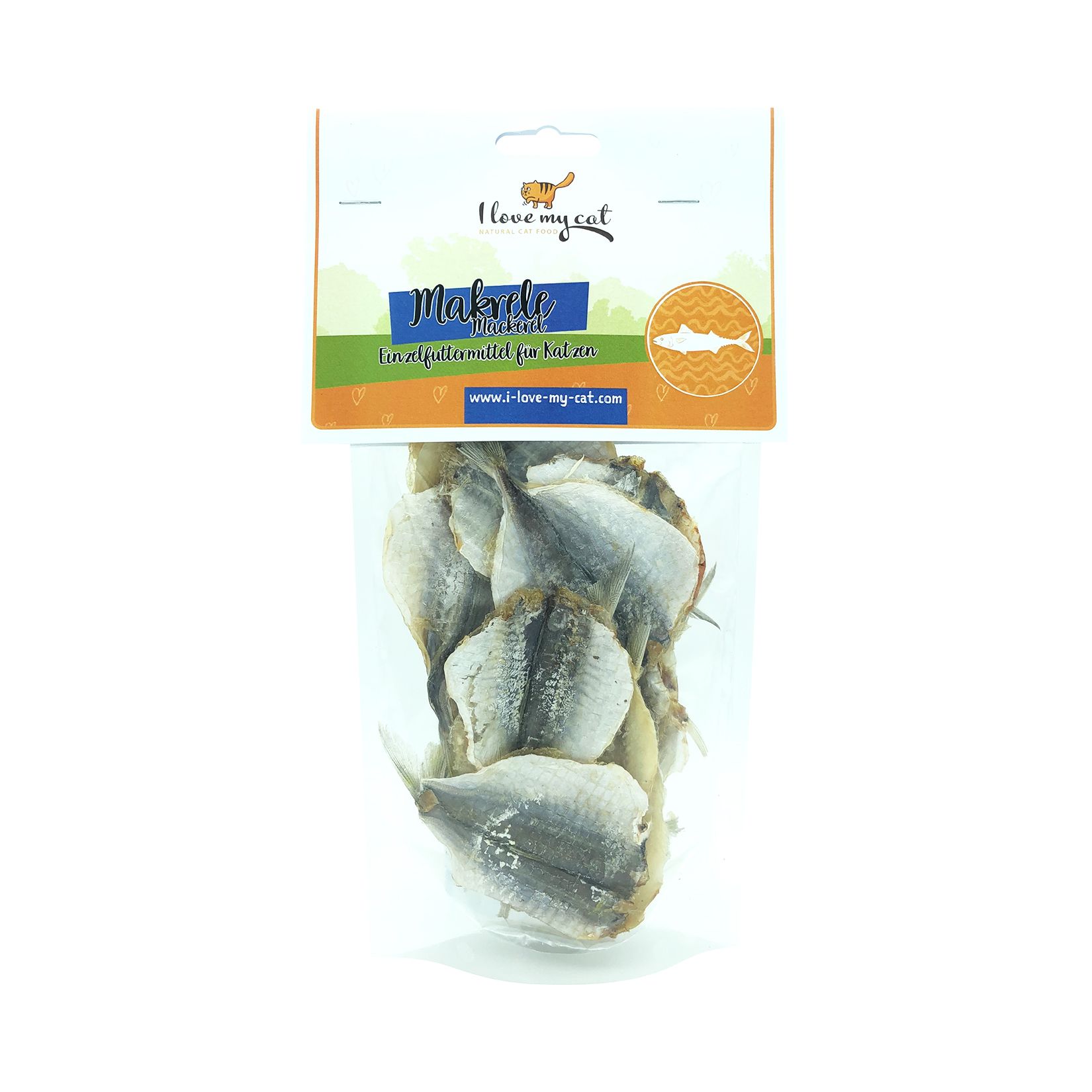 Klare Verpackung mit getrockneten Makrelen. "I love my cat" Logo oben. Produktname und Fisch-Illustration.