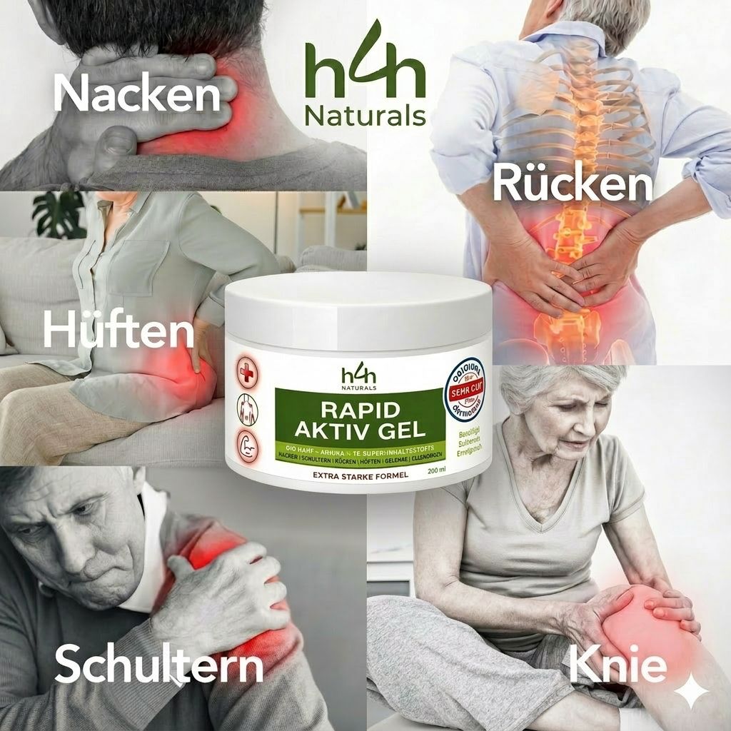 Collage von Bildern, die Schmerzbereiche wie Nacken, Rücken, Hüfte, Schulter und Knie zeigen, mit einem H4H Naturals Gel-Tiegel in der Mitte.