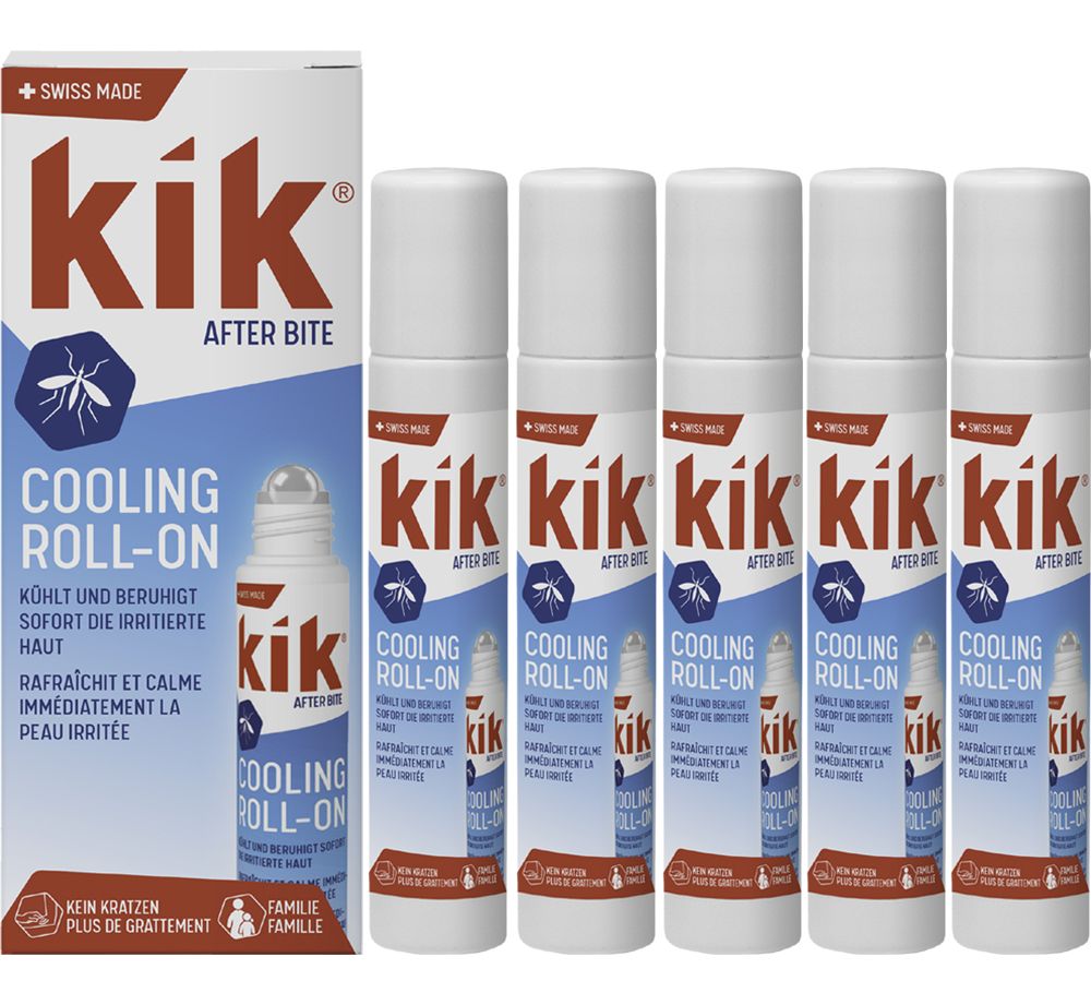 Mehrere Roll-ons und eine Verpackung. Aufschrift: kik AFTER BITE COOLING ROLL-ON. Swiss Made. Kühlendes Roll-on.