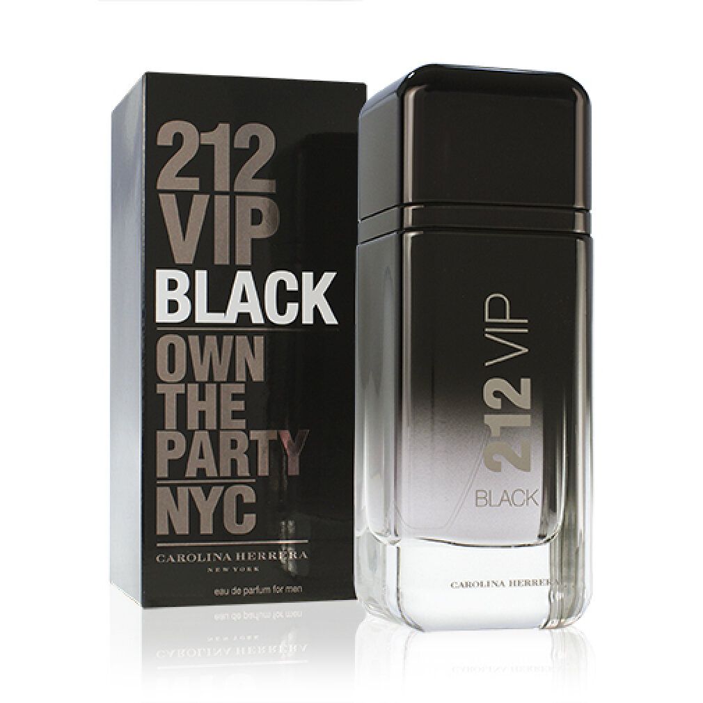 Schwarzer Karton und Flakon. Karton: 212 VIP BLACK, OWN THE PARTY NYC. Flakon: 212 VIP BLACK.