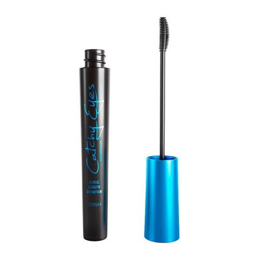 Schwarze Mascara-Tube und Bürste. Blaue Schrift: Catchy Eyes, Waterproof. Blaue Kappe. Schwarze Bürste.