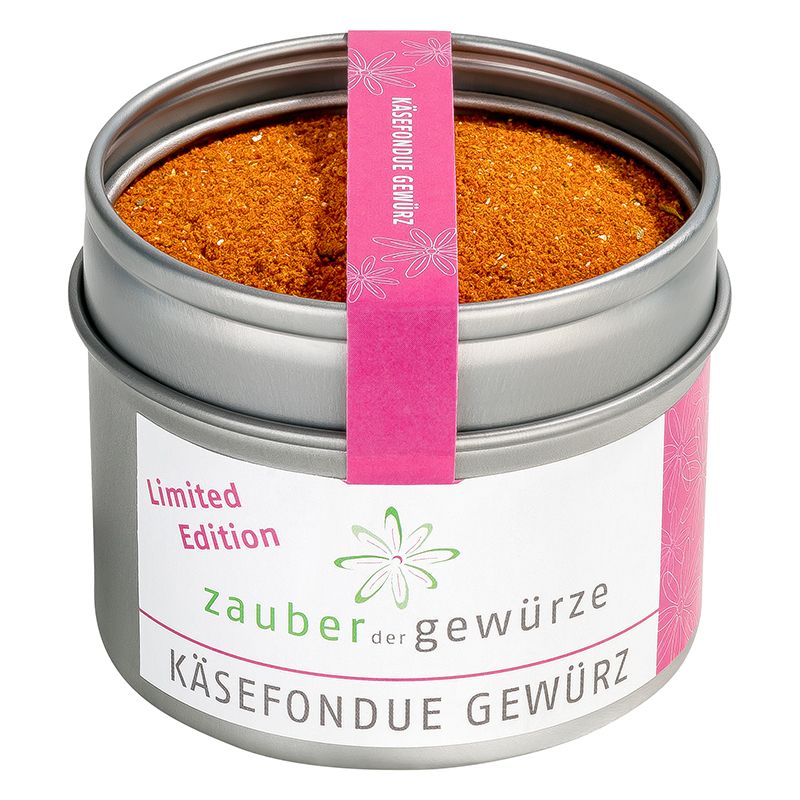 Runde Dose mit Käsefondue Gewürz. Rosa Etikett mit Schriftzug. "Limited Edition" und Logo.