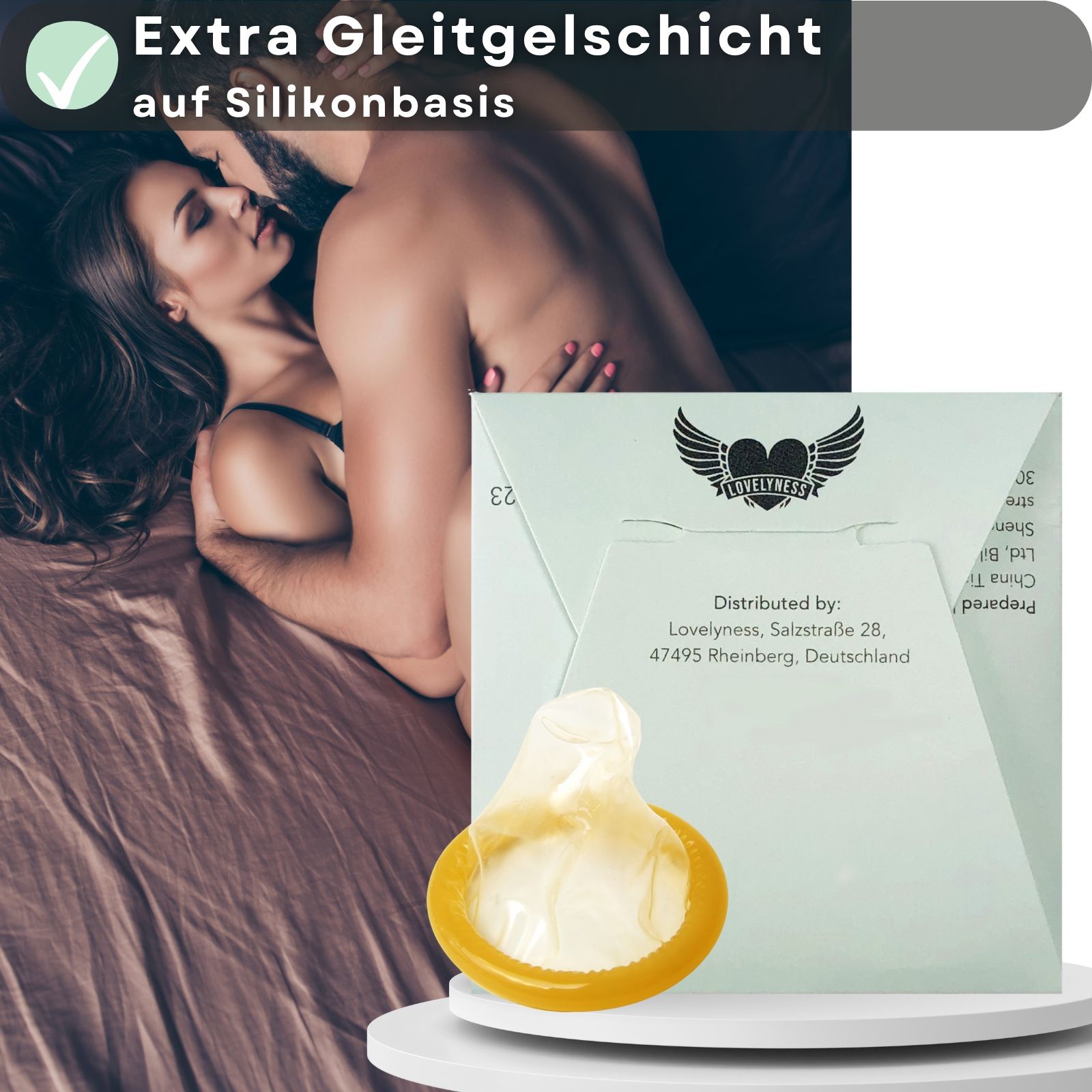 Kondomverpackung mit Aufdruck « Ribs & Dots ». Einzeln verpackt. Extra Gleitgel.