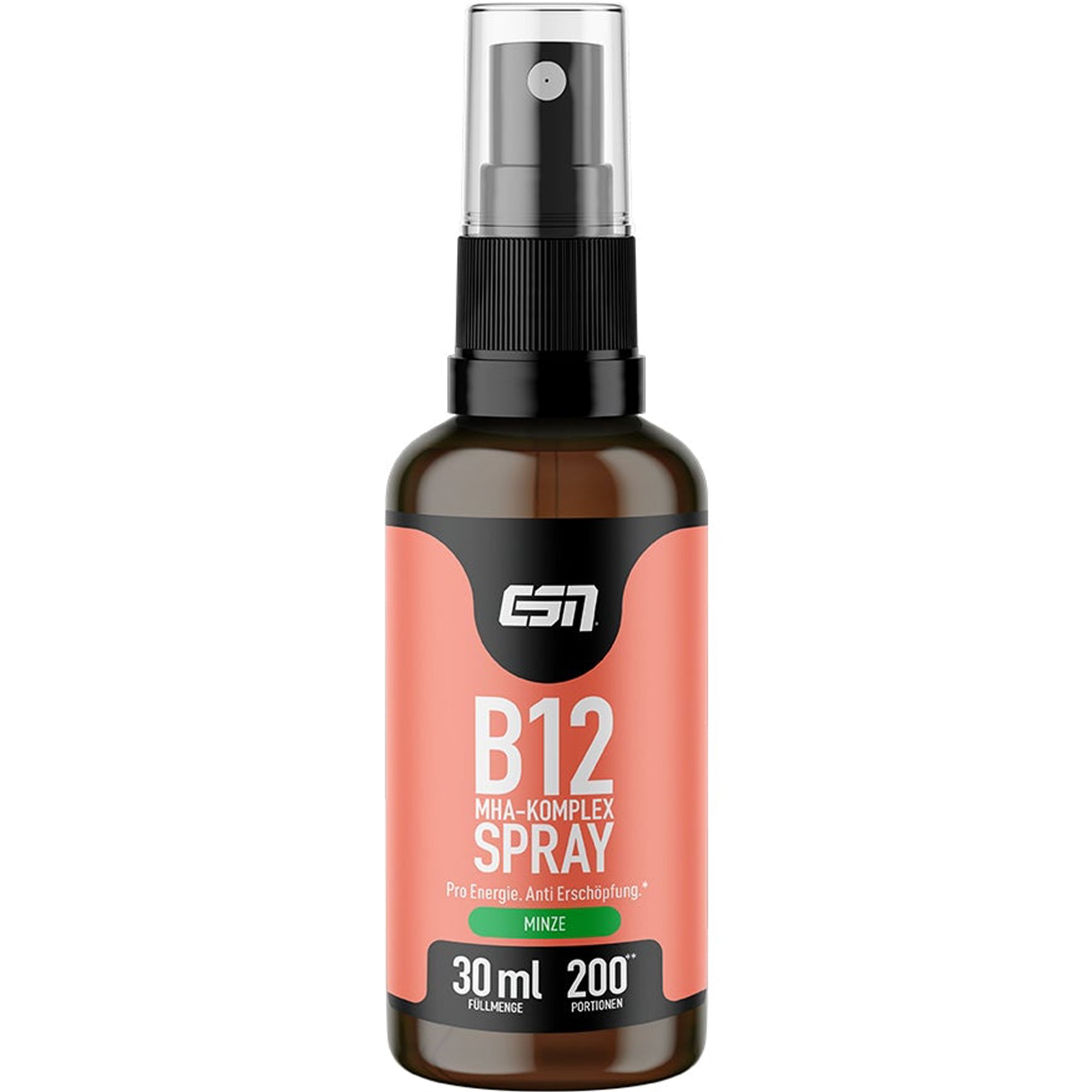 Braune Flasche mit Sprühkopf. Aufkleber mit "ESN"-Logo, "B12 SPRAY", "Minze" und Mengenangaben.