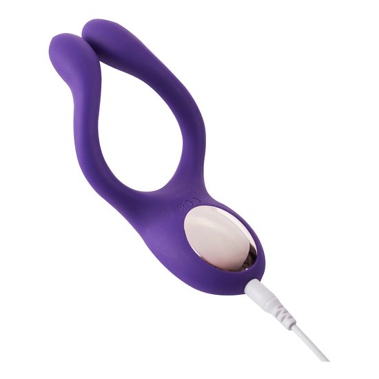 Lila Paarvibrator mit Kabel. Zwei gebogene Arme, ovale Spitze mit silberfarbenem Detail. Ohne Fernbedienung.