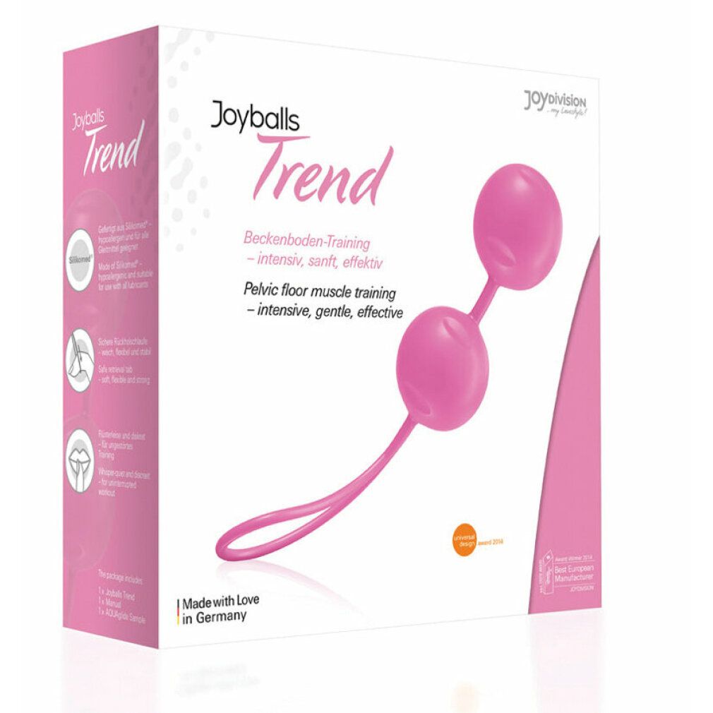 Verpackung von Joyballs Trend. Aufschrift: Joyballs Trend, Beckenboden-Training, Pelvic floor muscle training. Made with Love in Germany.