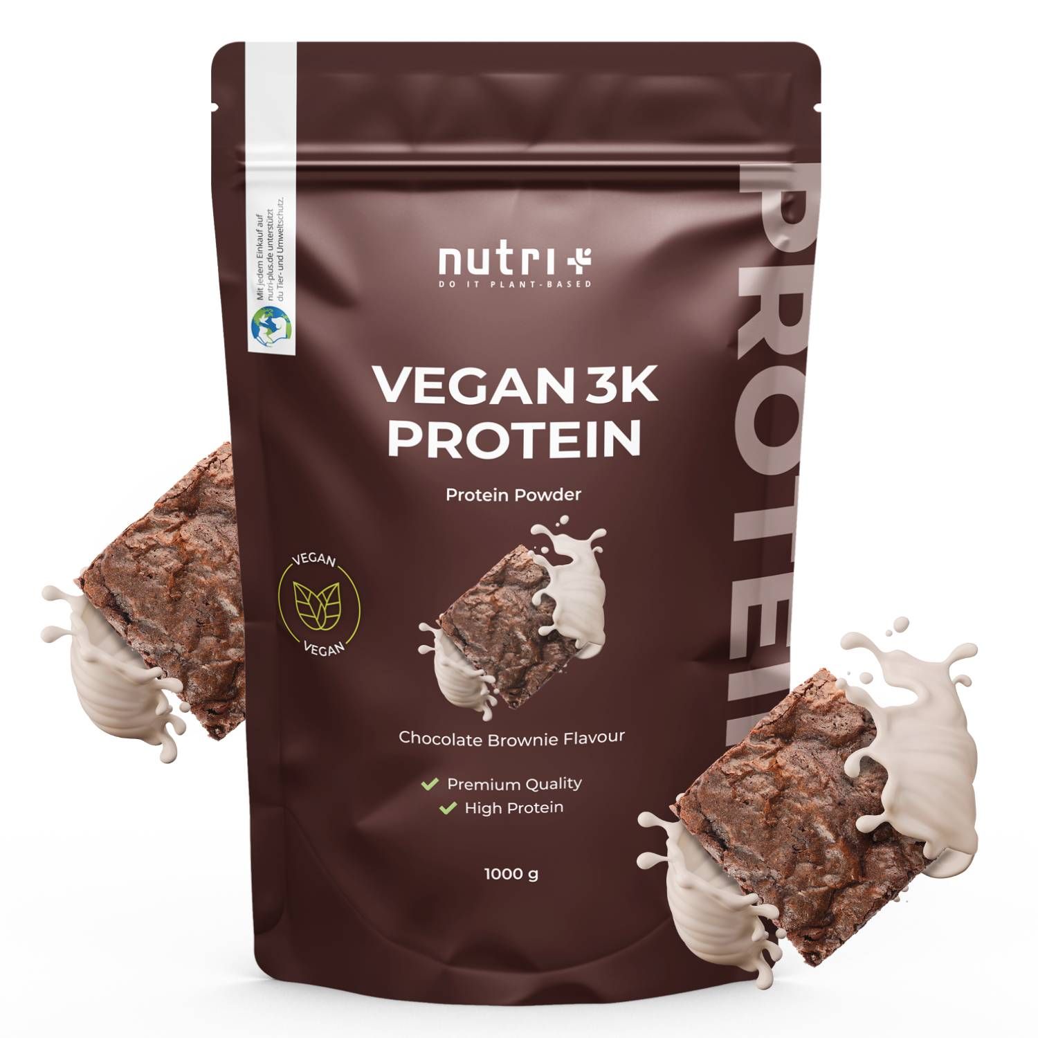 Bruine zak "Vegan 3K Protein". Chocolade brownie smaak. Vegan zegel. 1000g.