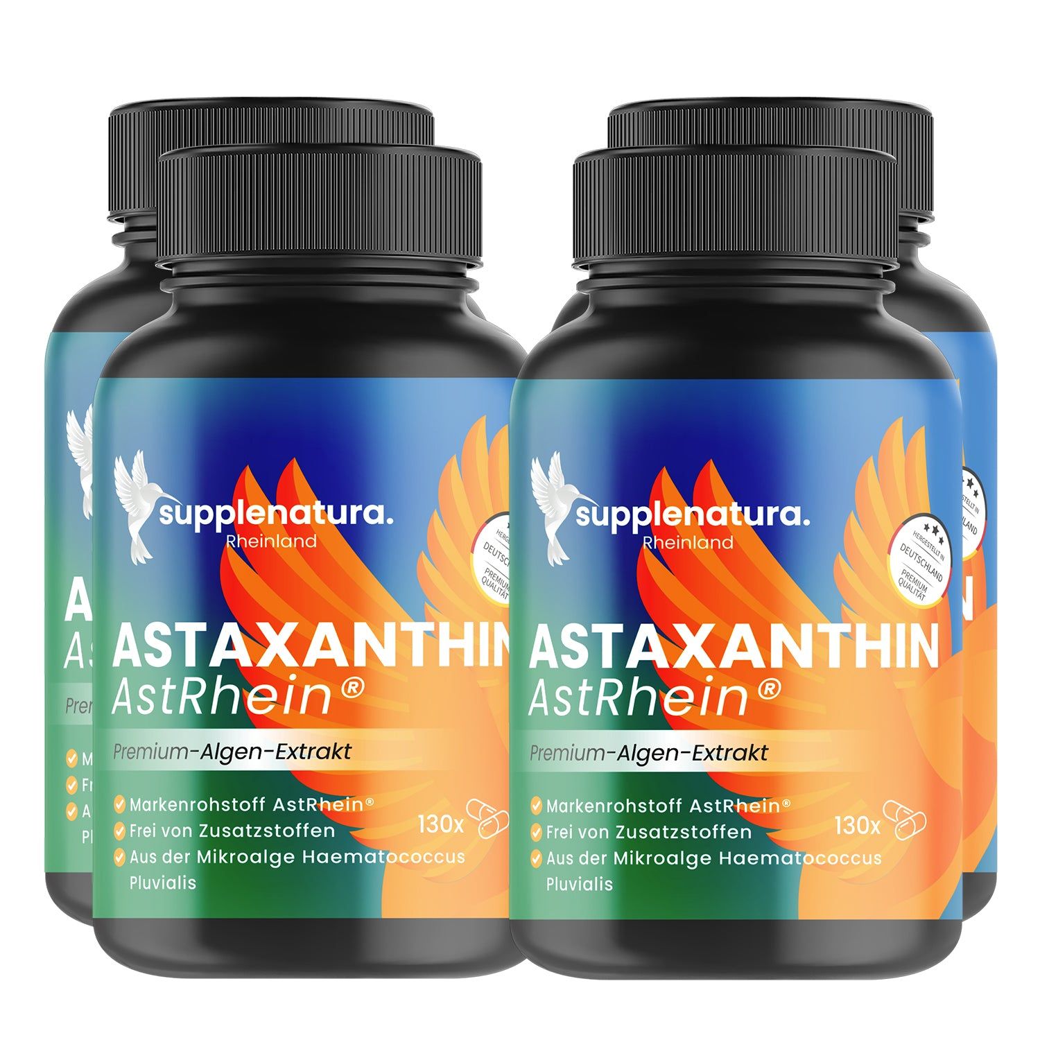 Mehrere Flaschen mit Etiketten, die Astaxanthin AstRhein zeigen. Aufschrift: Premium-Algen-Extrakt, 130x.