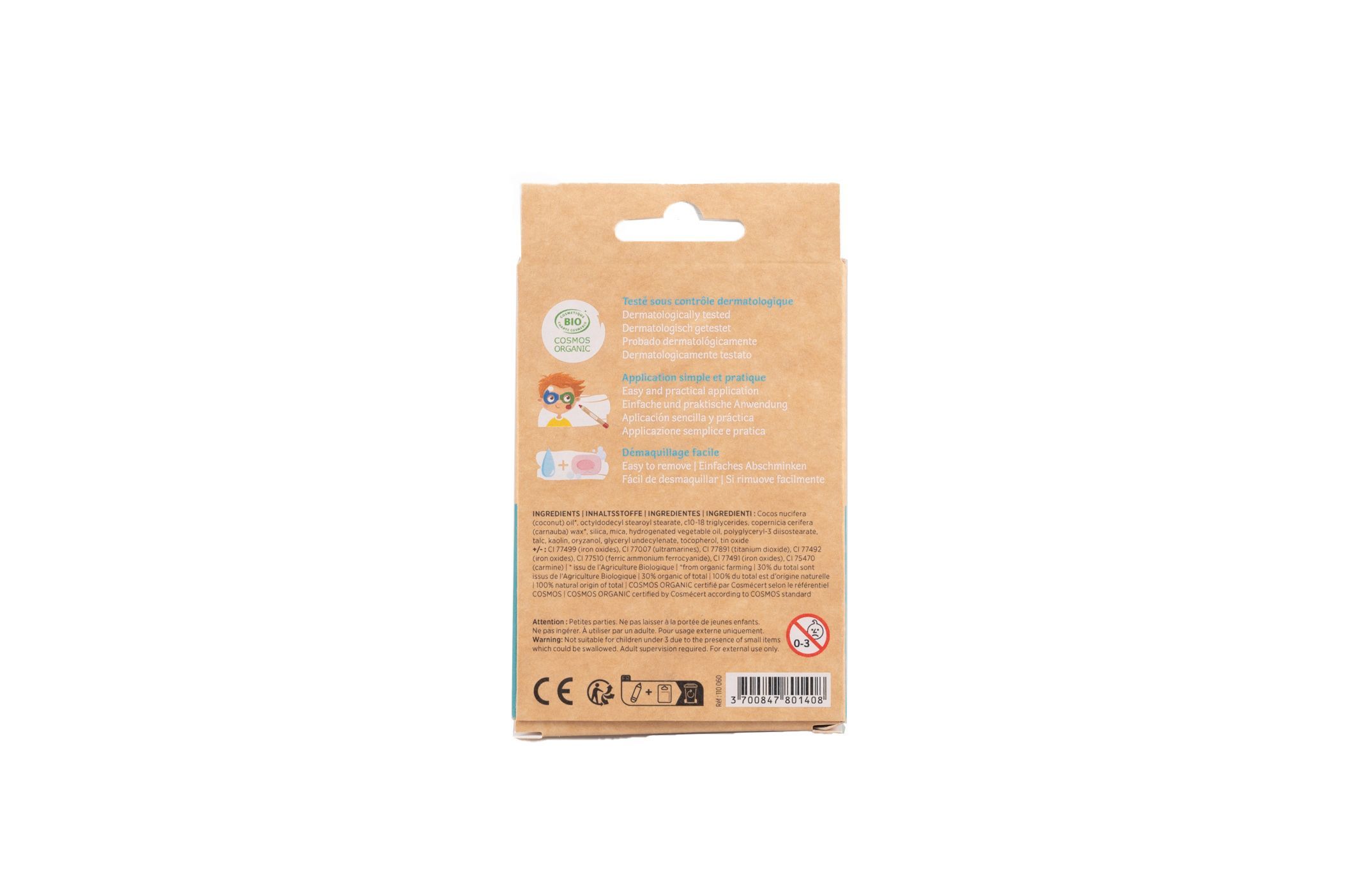 Rückseite der Kartonverpackung mit Produktinformationen und Zertifizierungen. Bio-Siegel, CE-Kennzeichnung.