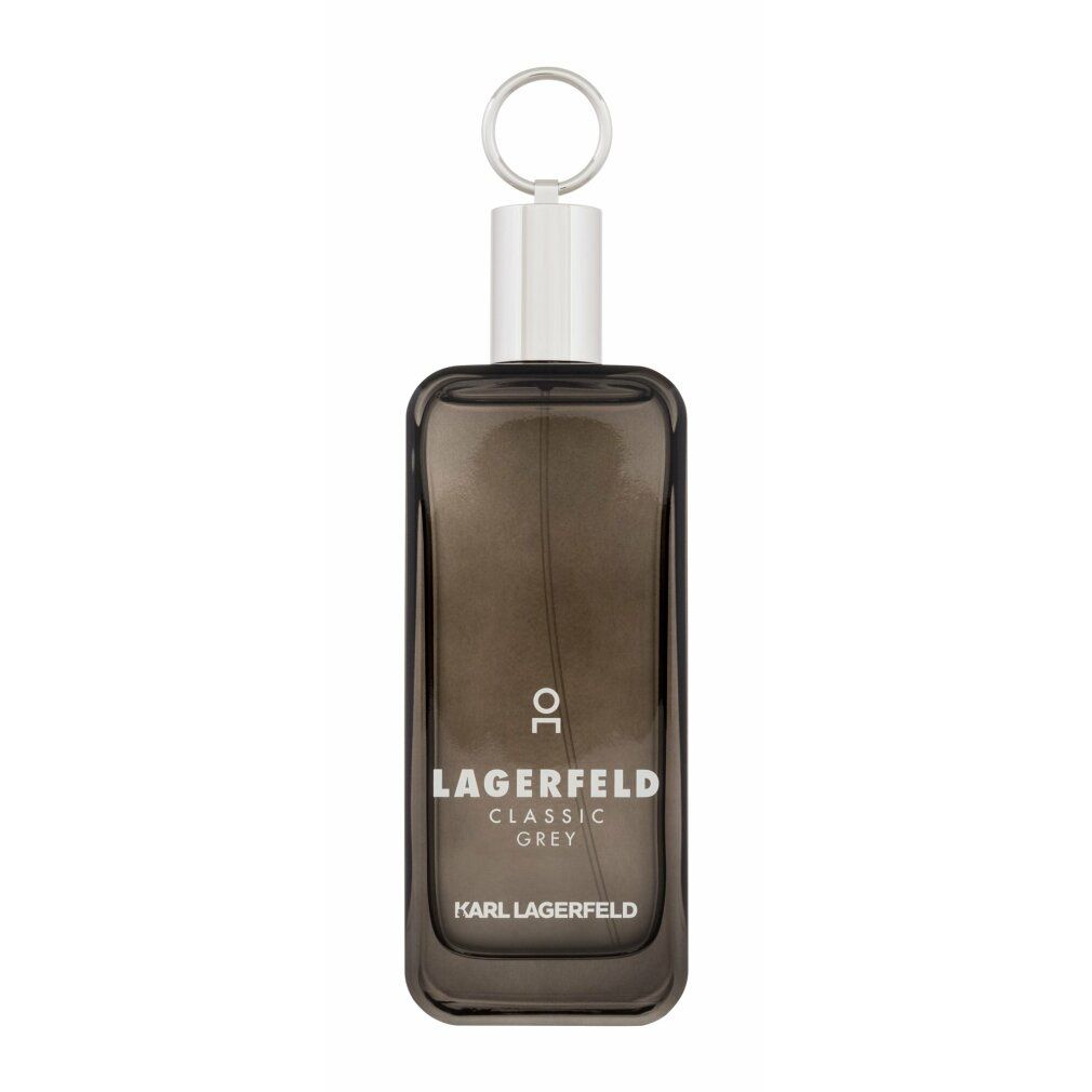 Graue, rechteckige Flasche mit silbernem Verschluss und Ring. Aufschrift: Lagerfeld Classic Grey. Logo unten.