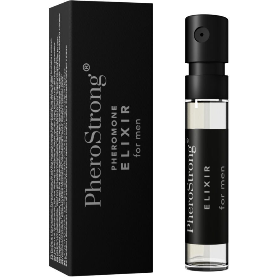 Elixier-Flakon und Verpackung. Flakon mit schwarzem Deckel und Etikett. Verpackung schwarz mit Text. Aufschrift: PheroStrong ELIXIR for men.