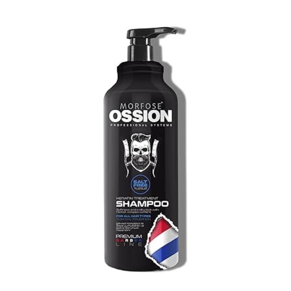 Flacone nero con dosatore. Scritta: MORFOSE OSSION, Shampoo, Senza sale. Illustrazione di barba con teschio.