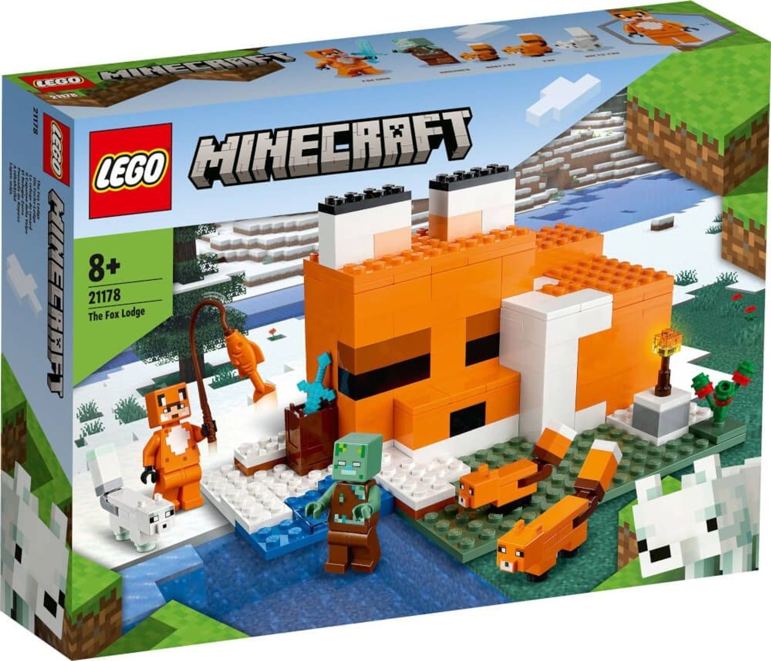 LEGO Minecraft 21178. Verpackung mit Logo und Altersempfehlung. Orangefarbenes Gebäude mit Figuren: Fuchs, Zombie, Füchse, weißer Fuchs.