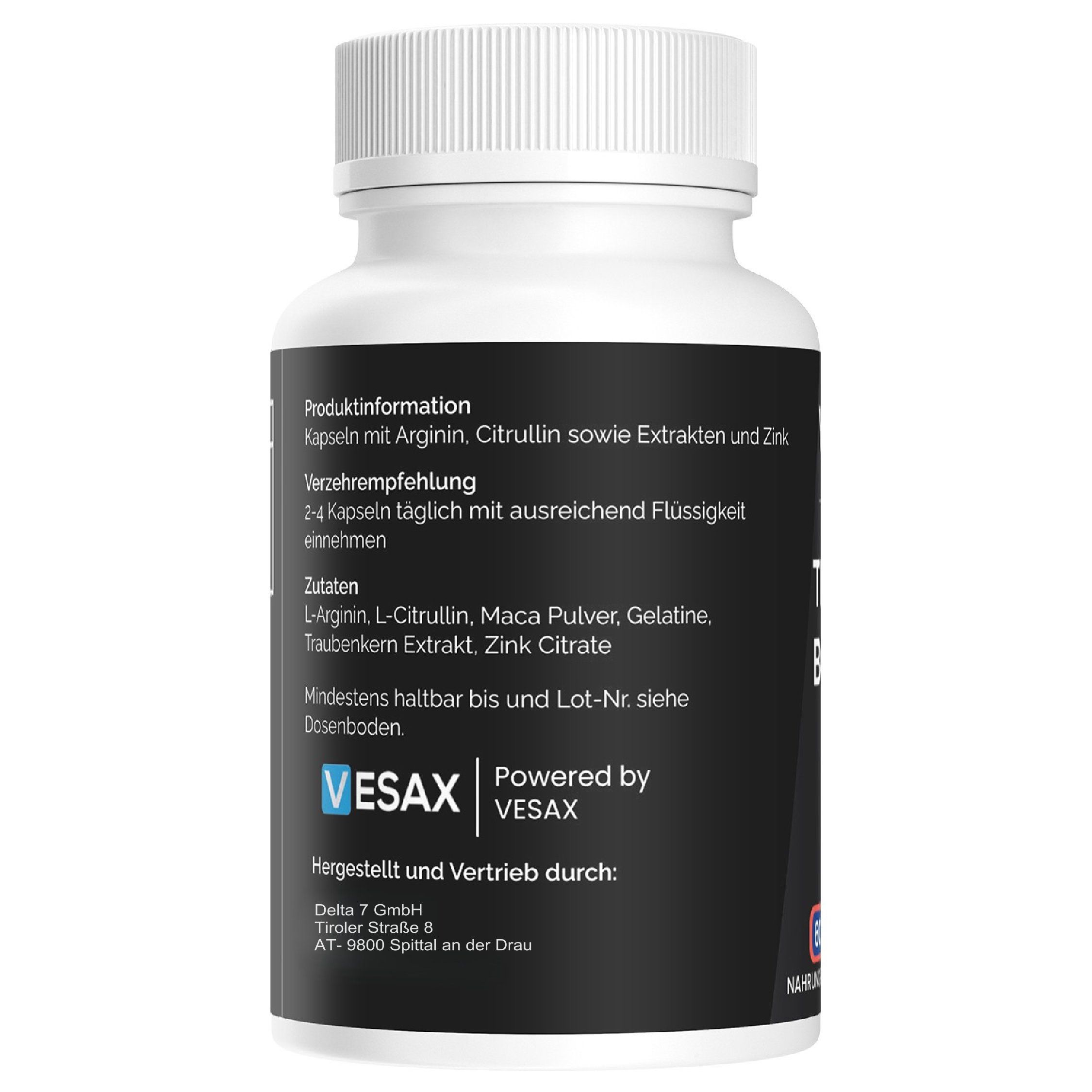 Rückseite der weißen Flasche. Schwarzes Etikett mit Produktinformationen. Enthält Arginin, Citrullin, Extrakte und Zink. VESAX Logo.