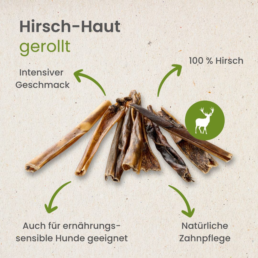 Hund kaut auf einem getrockneten Hirschhaut-Streifen, der auf einem Baumstumpf liegt.
