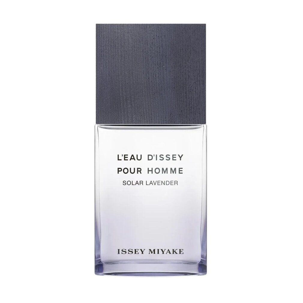 Rechteckiger Flakon mit grauer Kappe. Aufschrift: L'Eau d'Issey pour Homme Solar Lavender. Marke: Issey Miyake.