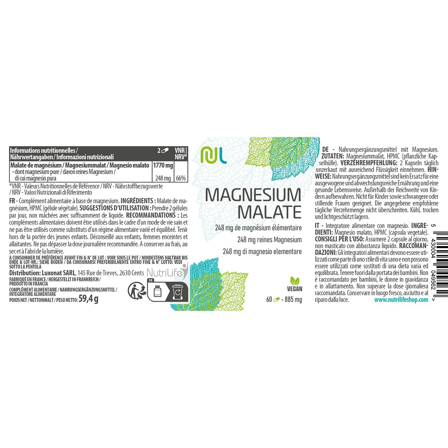NutriLife Magnesium malate - Nervösität - vegan