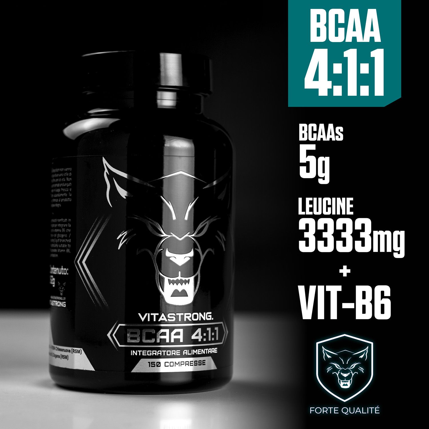 Flacon noir Vitastrong BCAA 4:1:1. Texte : BCAA 4:1:1, 5g BCAA, 3333mg Leucine + Vit-B6. Logo loup.