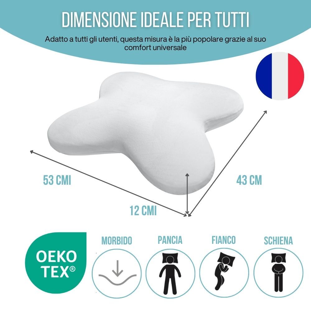 Cuscino a farfalla bianco. Design ergonomico, memory foam, fodera rimovibile.