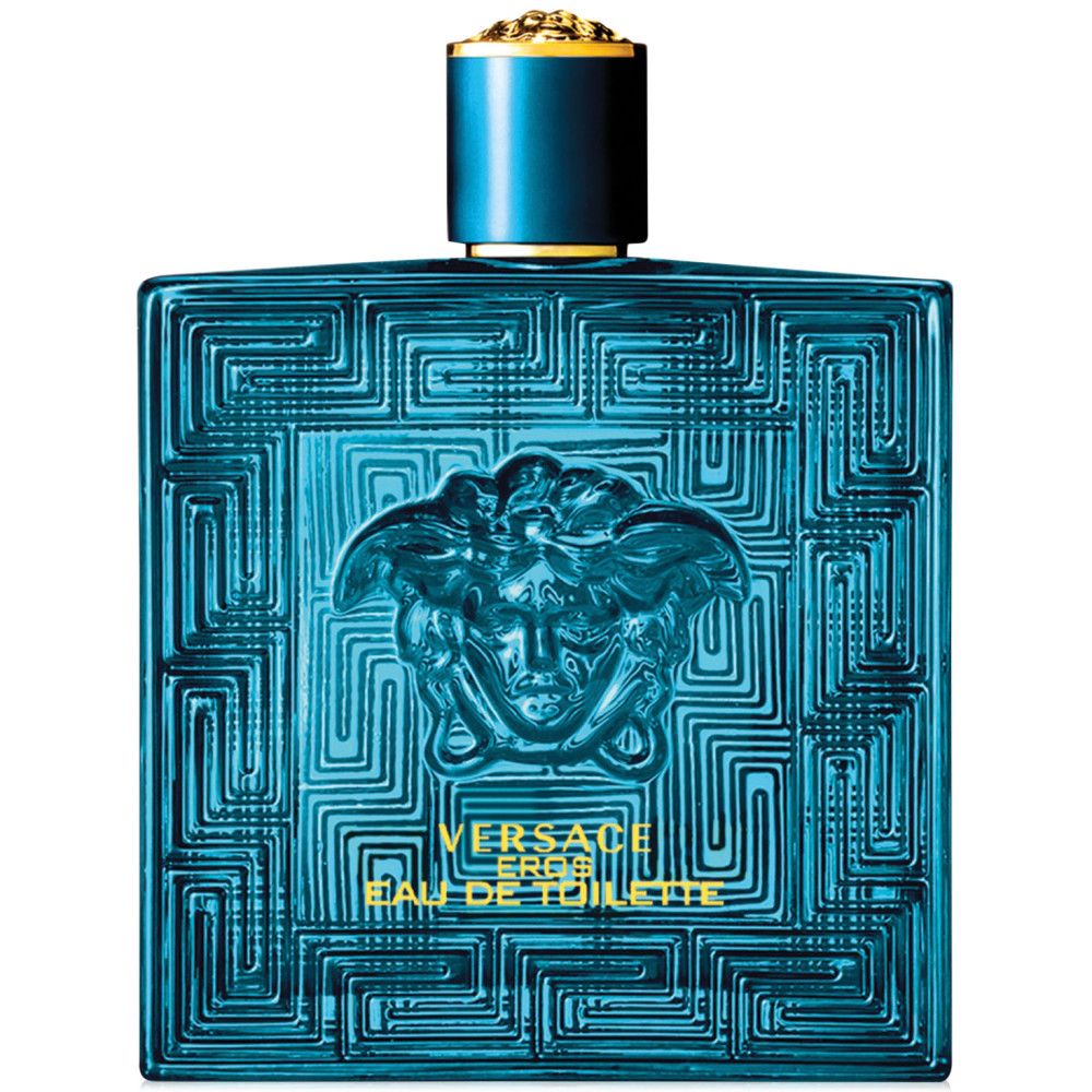 Türkisfarbener Flakon. Aufschrift: VERSACE EROS, Eau de Toilette. Flakon mit Reliefmuster und Medusa-Logo.