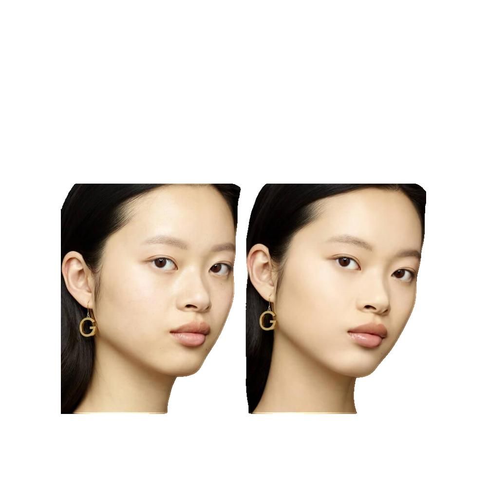Zwei Gesichter einer Frau. Links: ungeschminkt. Rechts: mit Foundation. Beide tragen Ohrringe mit 'G'.