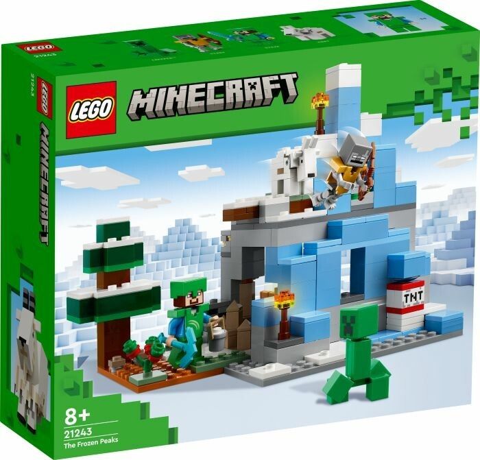 LEGO Minecraft Bausatz. Eisgipfel-Modell mit Figuren und Höhle. Enthält TNT-Block und grüne Bäume. Verpackung mit Logo und Altersempfehlung.