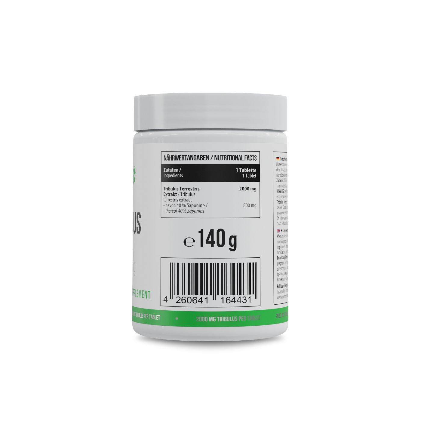 Weiße Dose mit grünem Deckel und Etikett. Rückseite mit Nährwertangaben und Barcode. Text: Tribulus Terrestris Extrakt.