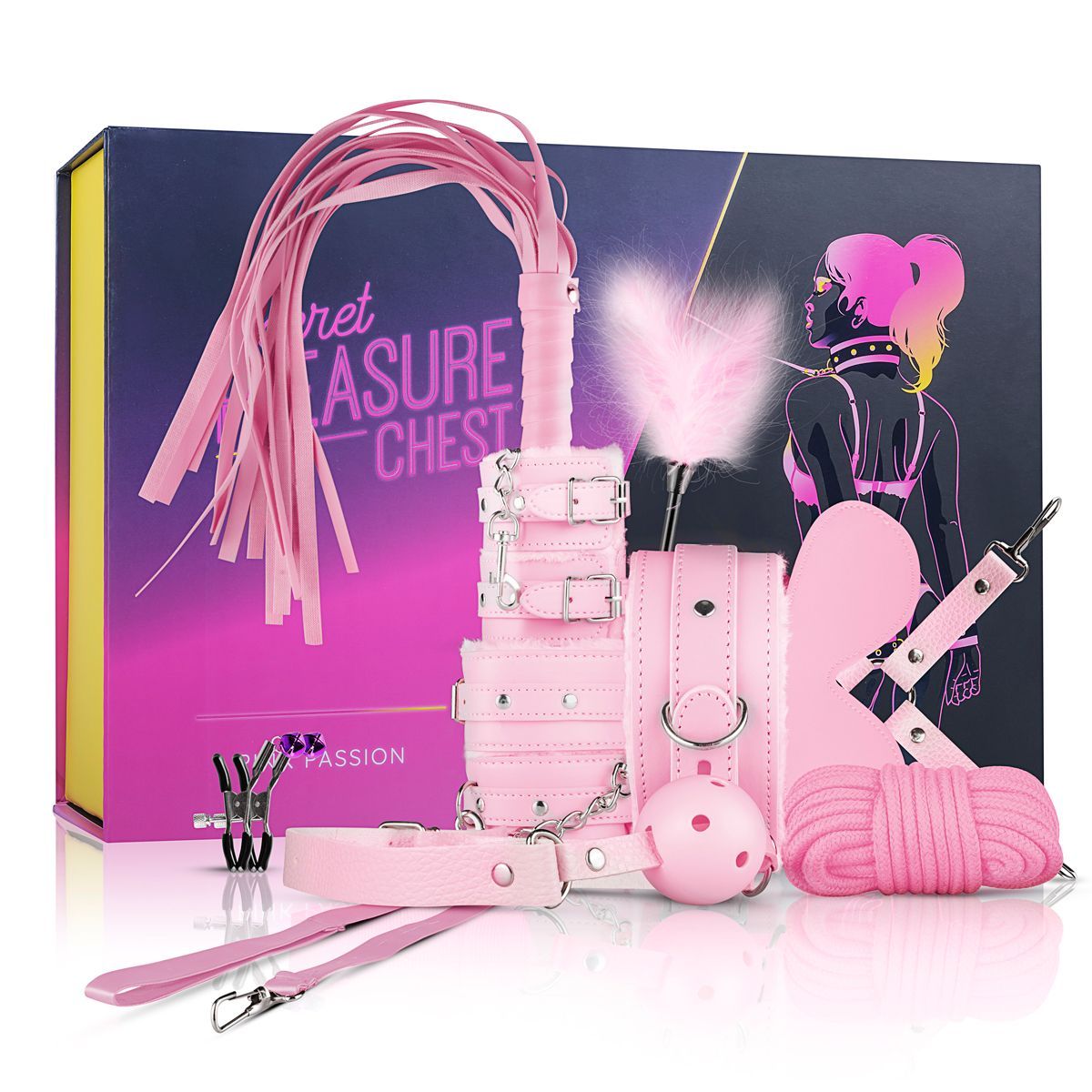 Set BDSM rosa. Include frusta, manette, collare, gag, scatola, corda, manette, ventaglio di piume. Confezione con illustrazione.