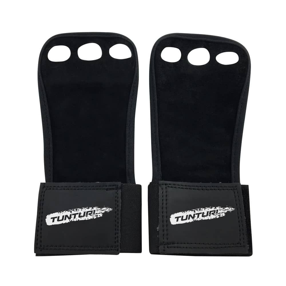 Zwei schwarze Ledergriffschalen mit drei Löchern für die Finger. Mit Klettverschluss und weißem Tunturi-Logo.