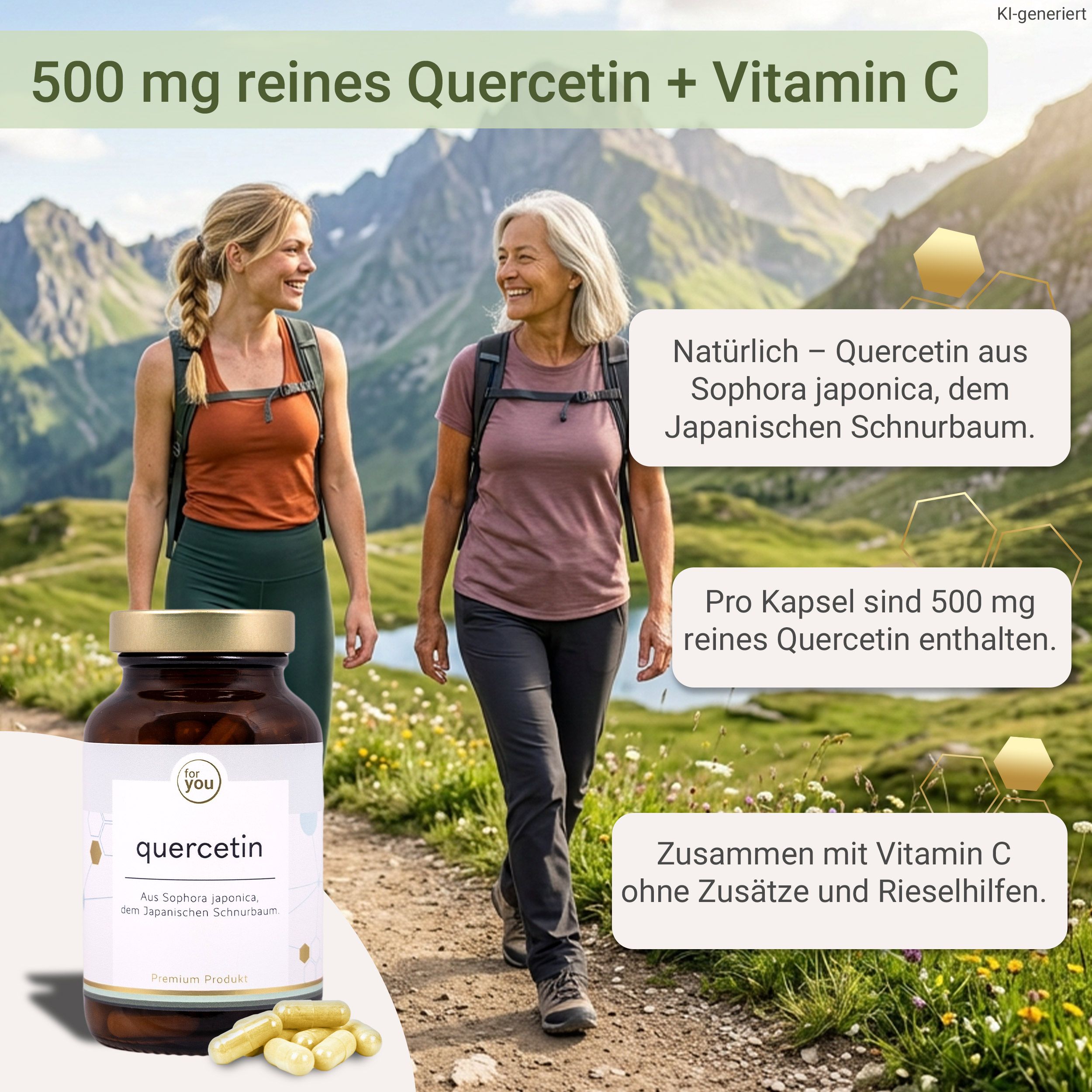 Braune Glasflasche mit Quercetin-Kapseln und Text "500 mg reines Quercetin + Vitamin C". Zwei Frauen wandern im Hintergrund.