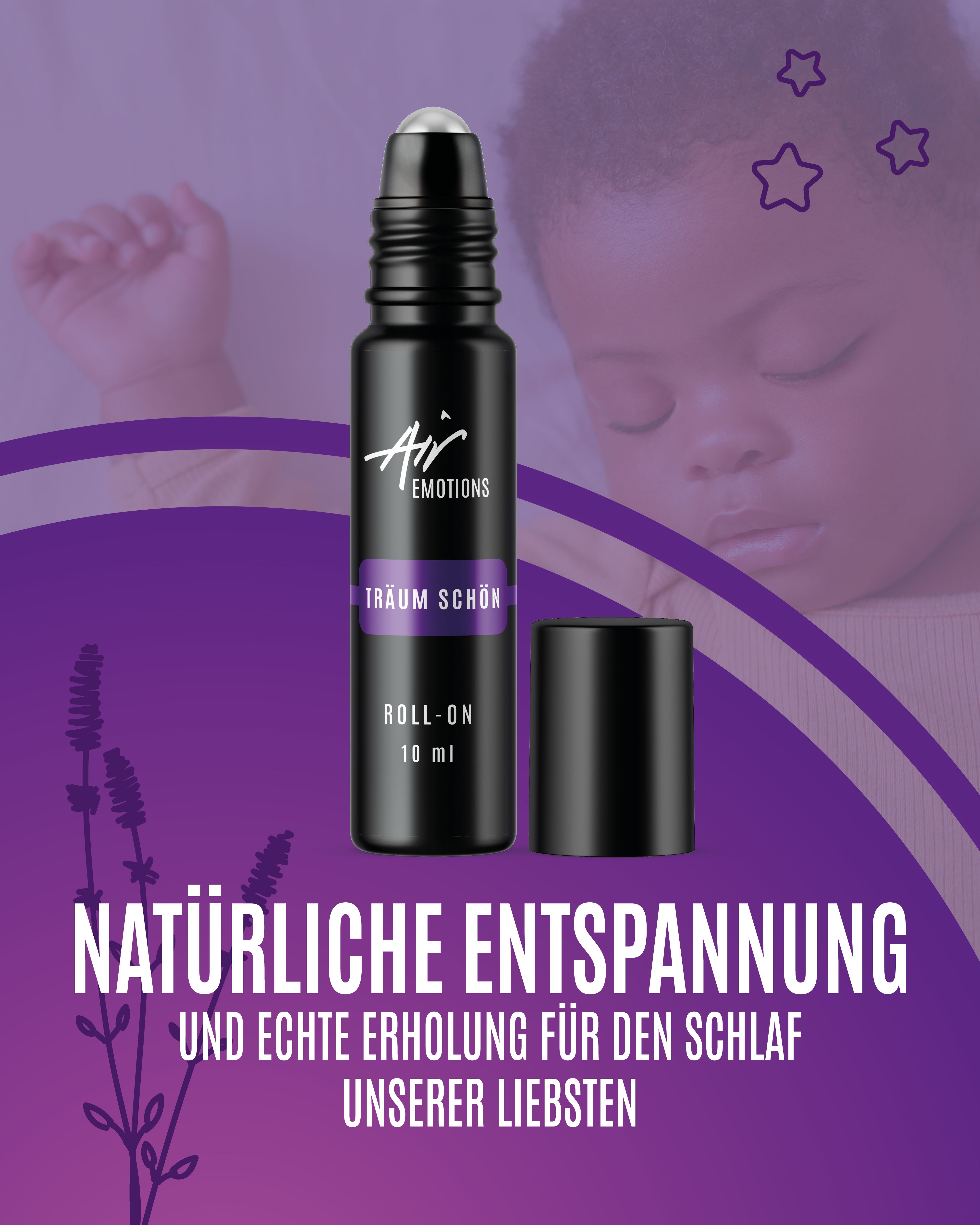 Schwarzer Roll-On mit Deckel. Text: Air Emotions, Träum schön, Roll-On. Im Hintergrund: schlafendes Kind. Lila Hintergrund.