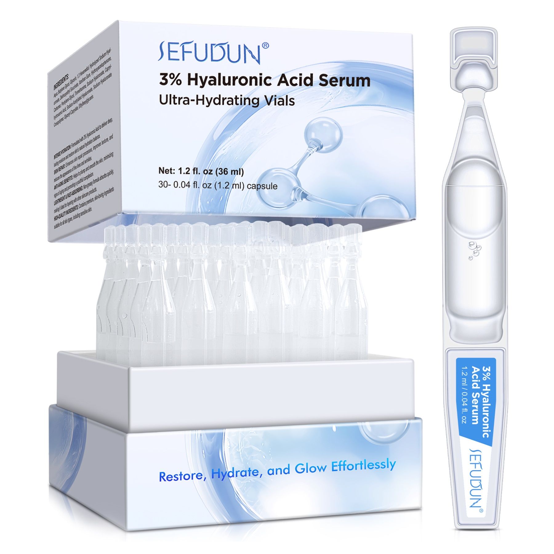 Produktverpackung mit Ampullen. Text: SEFUDUN, 3% Hyaluronsäure Serum, Ultra-Hydrating Vials. 30 Ampullen.