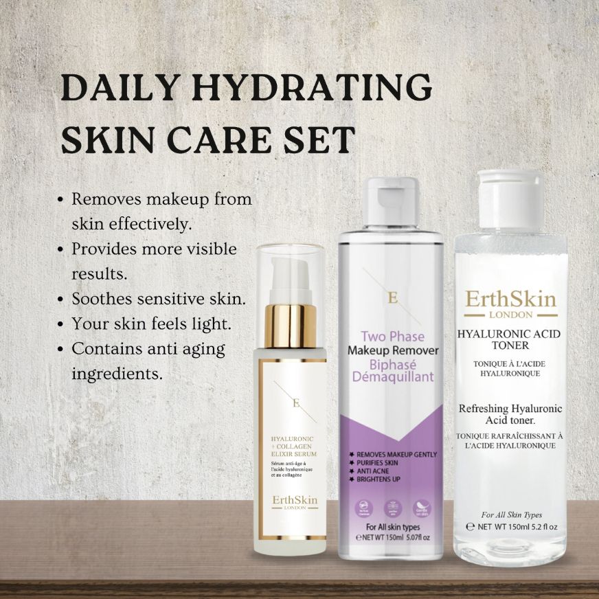 Drei ErthSkin London Produkte: Serum, Make-up-Entferner und Toner. Text: Daily Hydrating Skin Care Set. Auf hellem Hintergrund.