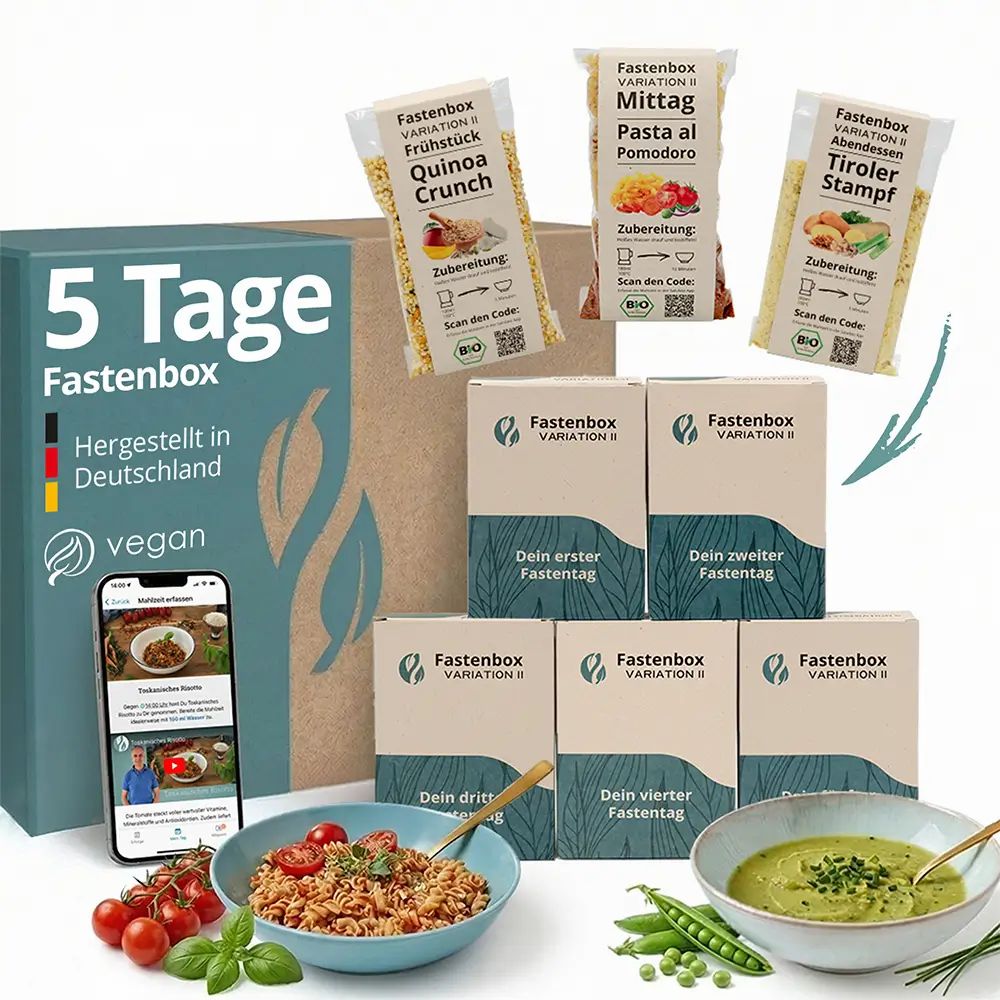 Salufast 5-Tage Fastenbox, Variation II, mit Box, Mahlzeiten, App und Schalen mit Speisen. Vegan und hergestellt in Deutschland.