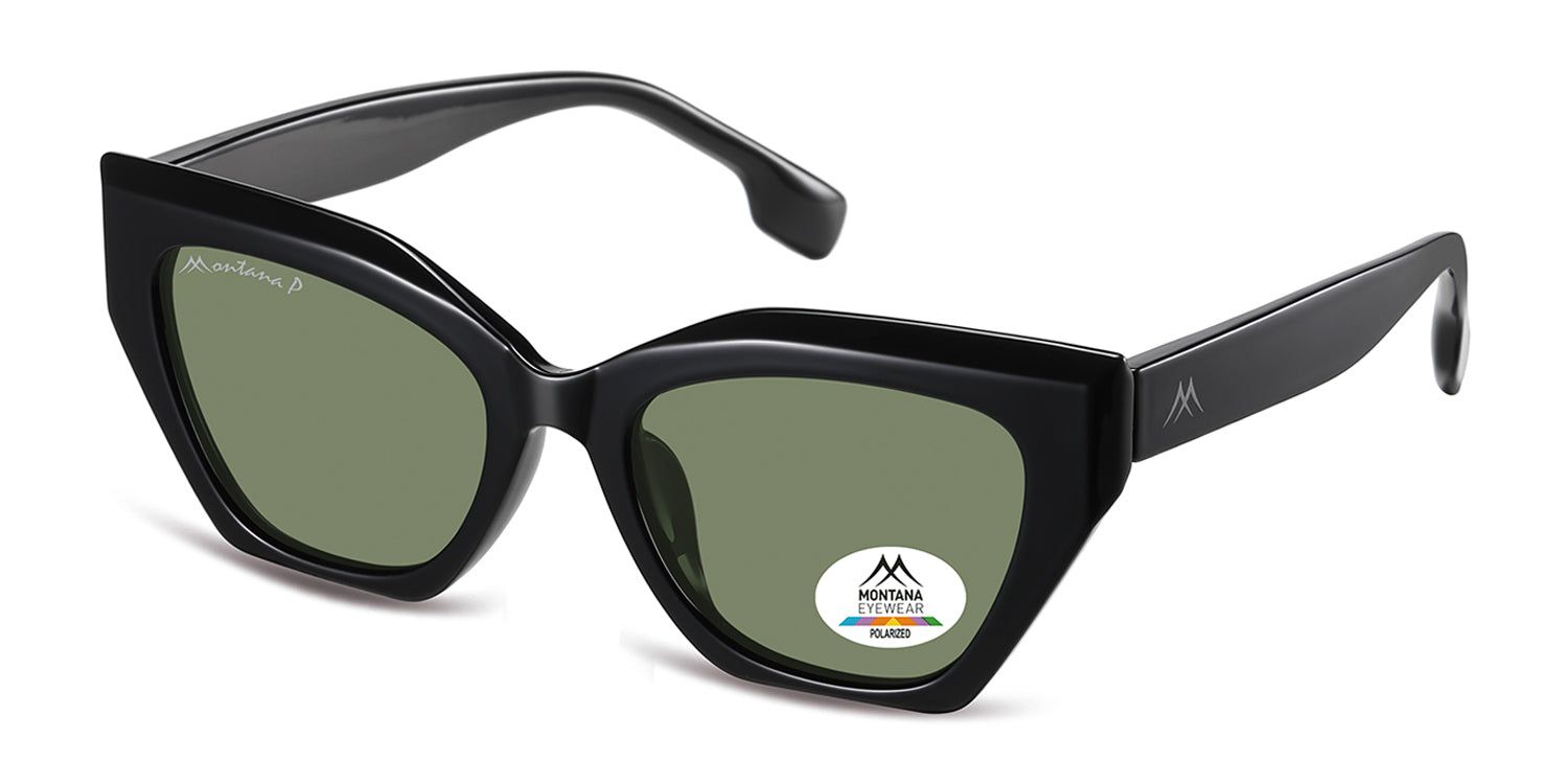 Schwarze Sonnenbrille, grüne Gläser, Katzenaugenform. Montana Eyewear Logo auf dem linken Bügel und Glas. Polarisierte Gläser.