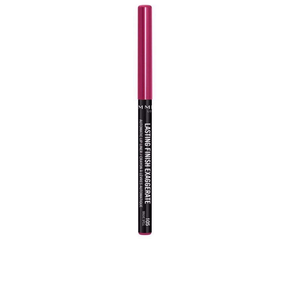 Lippenstift in Pink. Aufschrift: Lasting Finish Exaggerate. Farbnummer 105. Schwarze Schrift auf schwarzem Stift.