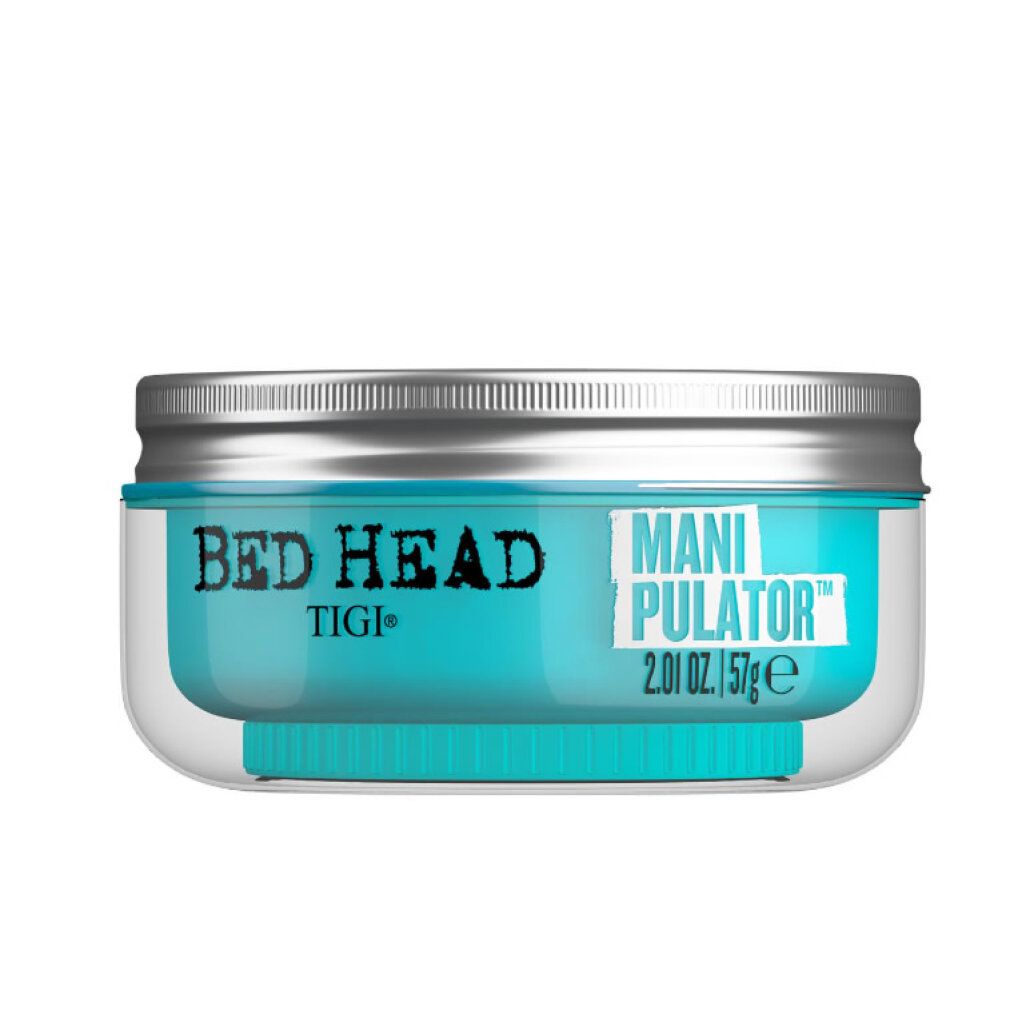 Tigi Bed Head Manipulator Matte Paste. Dose mit blauem Inhalt, silbernem Deckel. Text: Manipulator, 2.01 oz. / 57ge.