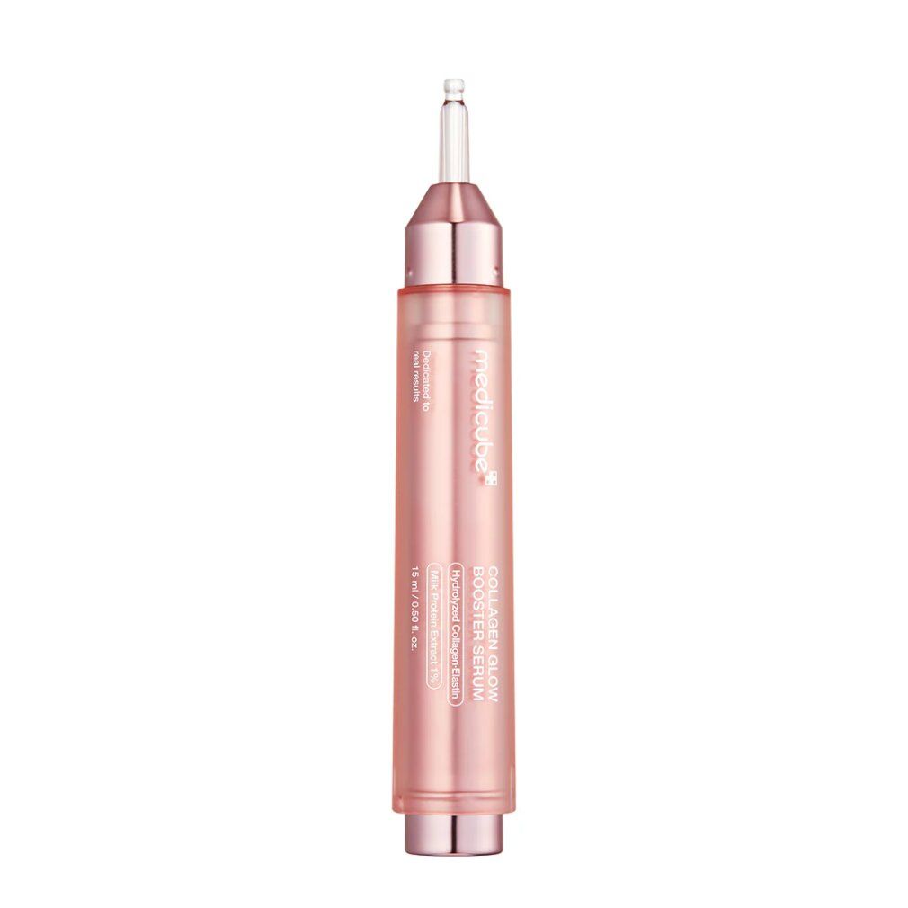 Rosa Serum-Applikator mit silbernem Detail und durchsichtigem Deckel. "Collagen Glow Booster Serum" beschriftet.